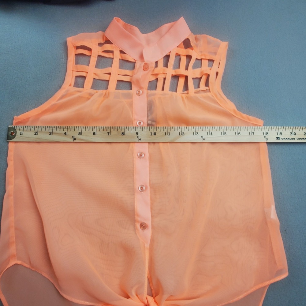 Poof Couture Sheer Neon Orange Sleeveless Open Lattice Top Size S *FLAW* - Picture 5 of 10